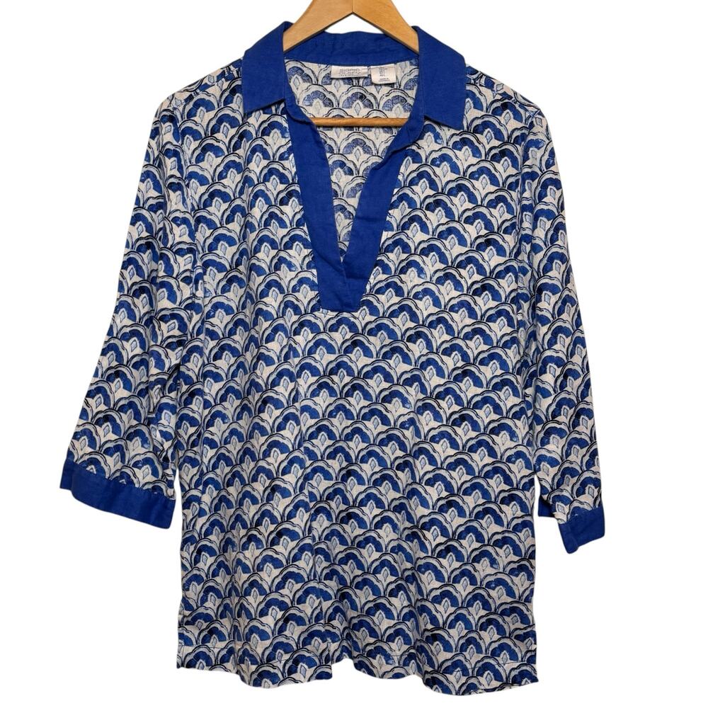 Sigrid Olsen 100% Linen Blue White Collared Tunic Blouse Size Largr